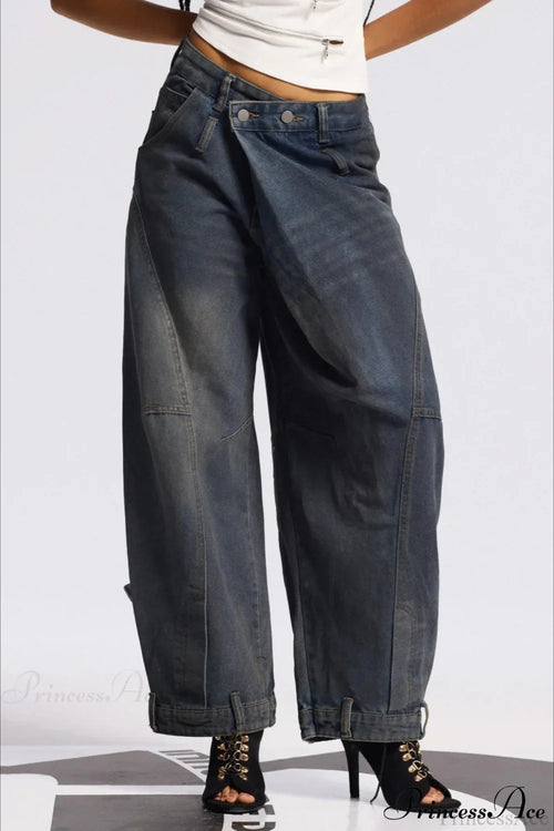 Asymmetric Waist Washed Low Flare Wide Leg Jeans