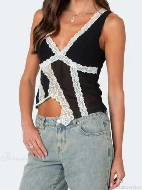 Asymmetrical Lace Trim Deep V-Neck Slim Crop Top