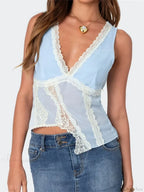 Asymmetrical Lace Trim Deep V-Neck Slim Crop Top