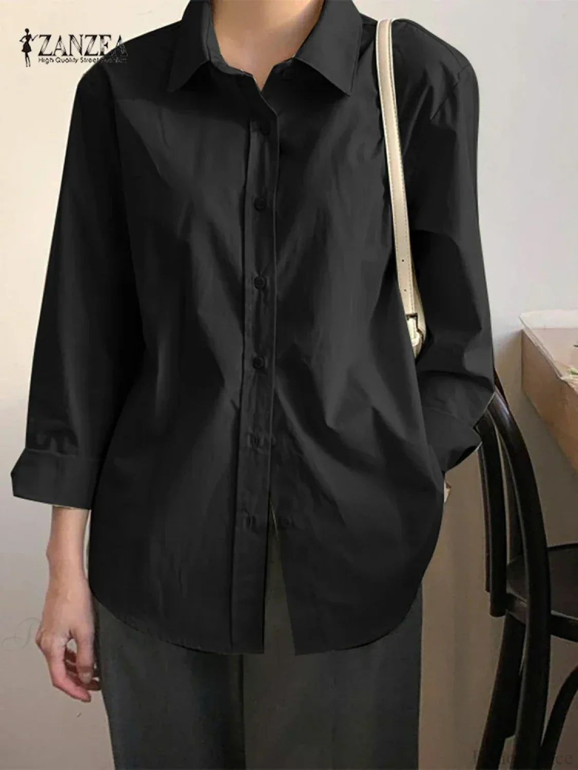 Asymmetrical Lace-Up Button Lapel Blouse