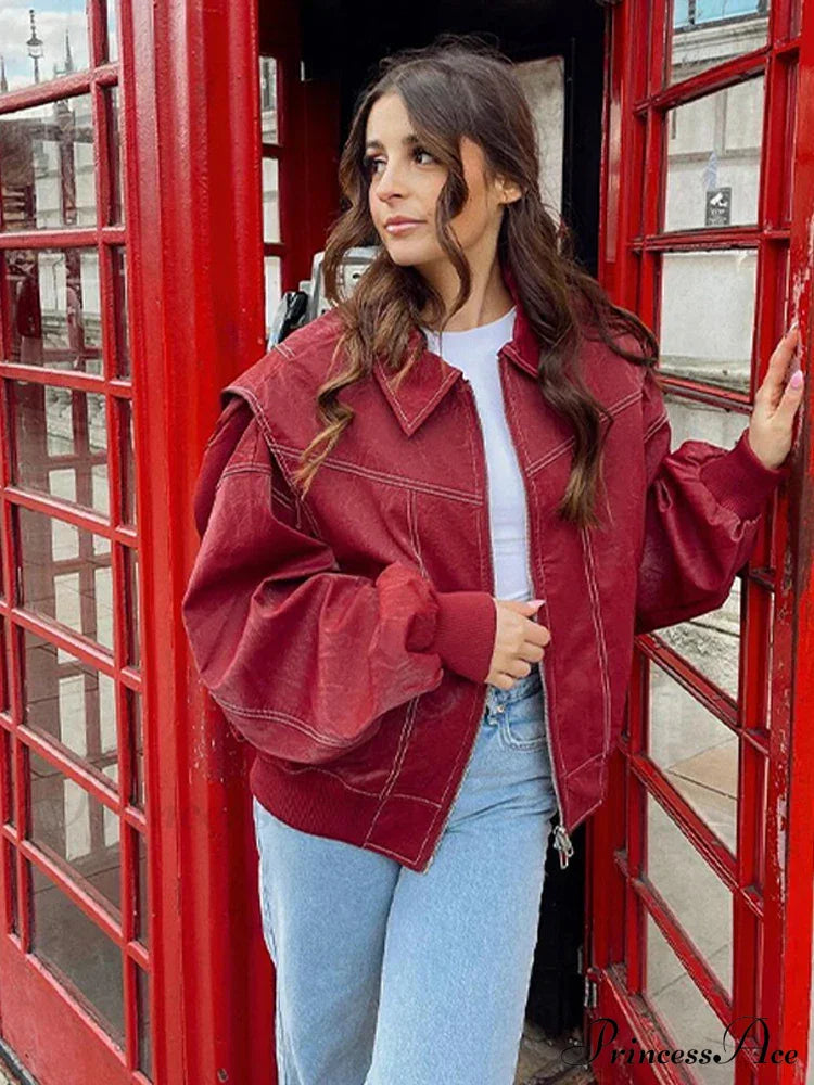 Autumn Leather Oversize Long Sleeve Turn-Down Collar Casual Jacket