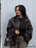 Autumn Leather Oversize Long Sleeve Turn-Down Collar Casual Jacket