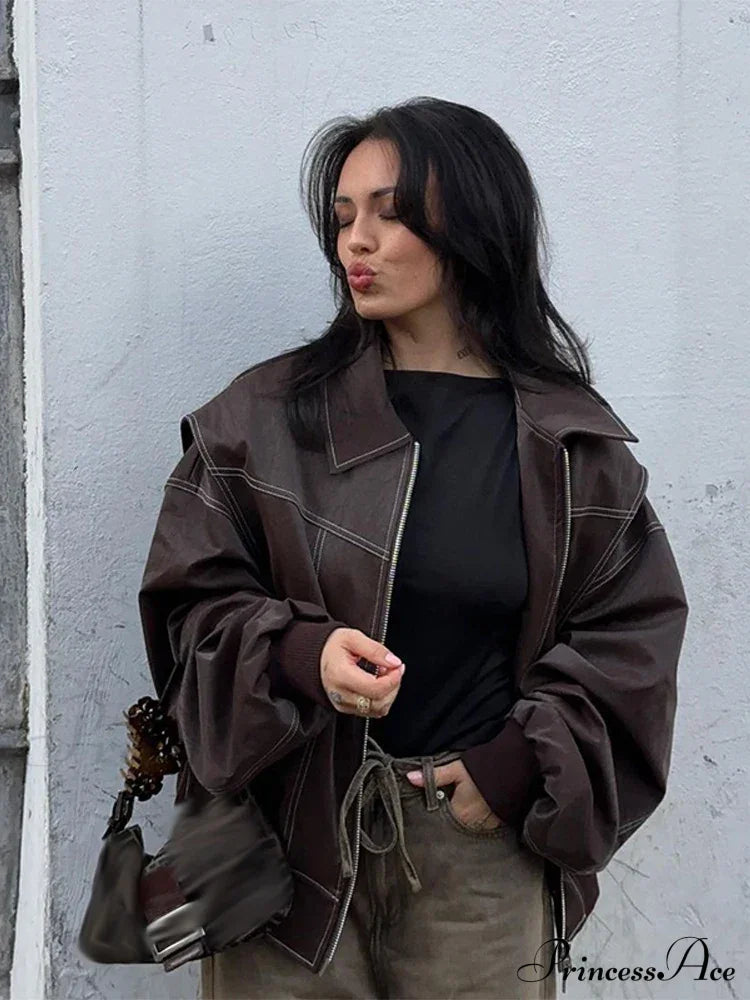 Autumn Leather Oversize Long Sleeve Turn-Down Collar Casual Jacket