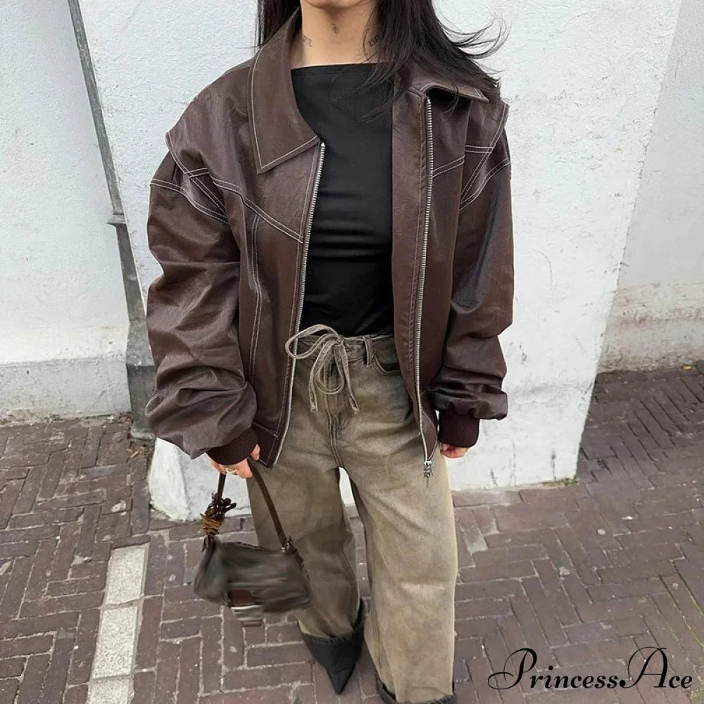 Autumn Leather Oversize Long Sleeve Turn-Down Collar Casual Jacket