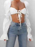 Autumn Puff Long Sleeve Square Neck Tie-Up Blouse