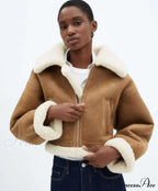 Autumn Vintage Faux Leather Cropped Warm Lapel Fleece Long Sleeve Stylish Coat