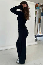 Y2K V-Neck Fitted Top Casual Pants Two Piece Set