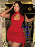 3D Flower Decoration Red Vacation Dresses Hollow Backless Bodycon Party Dress