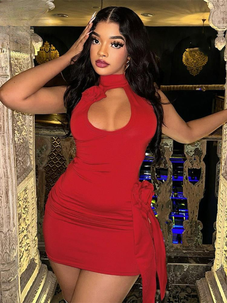 3D Flower Decoration Red Vacation Dresses Hollow Backless Bodycon Party Dress