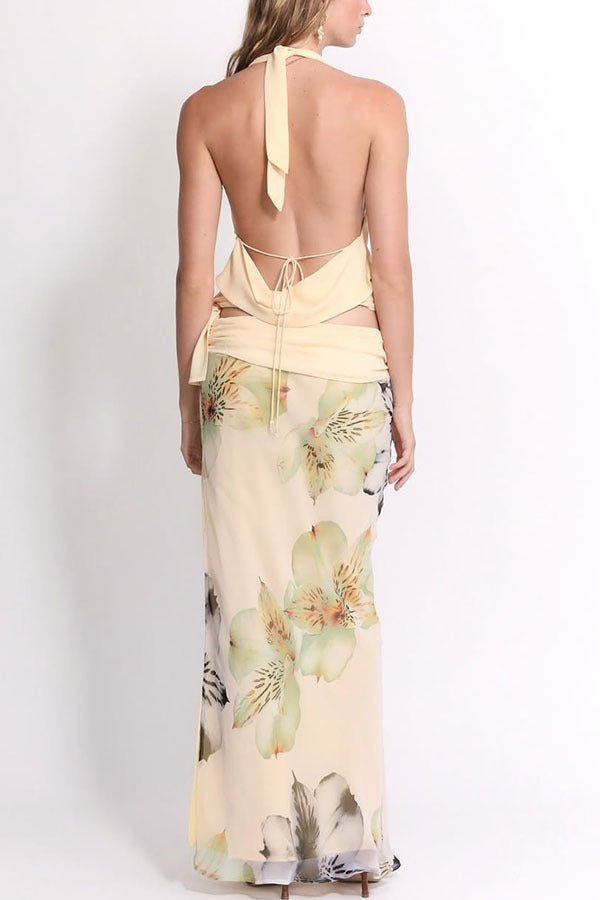 Backless Halter Top Slim Printed Maxi Skirt Set