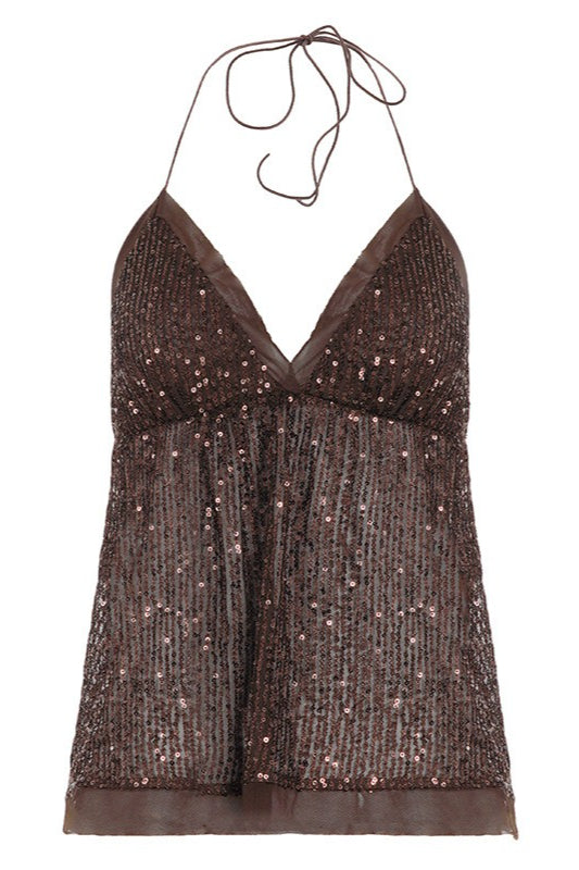Mesh Sequin Backless Halter Top