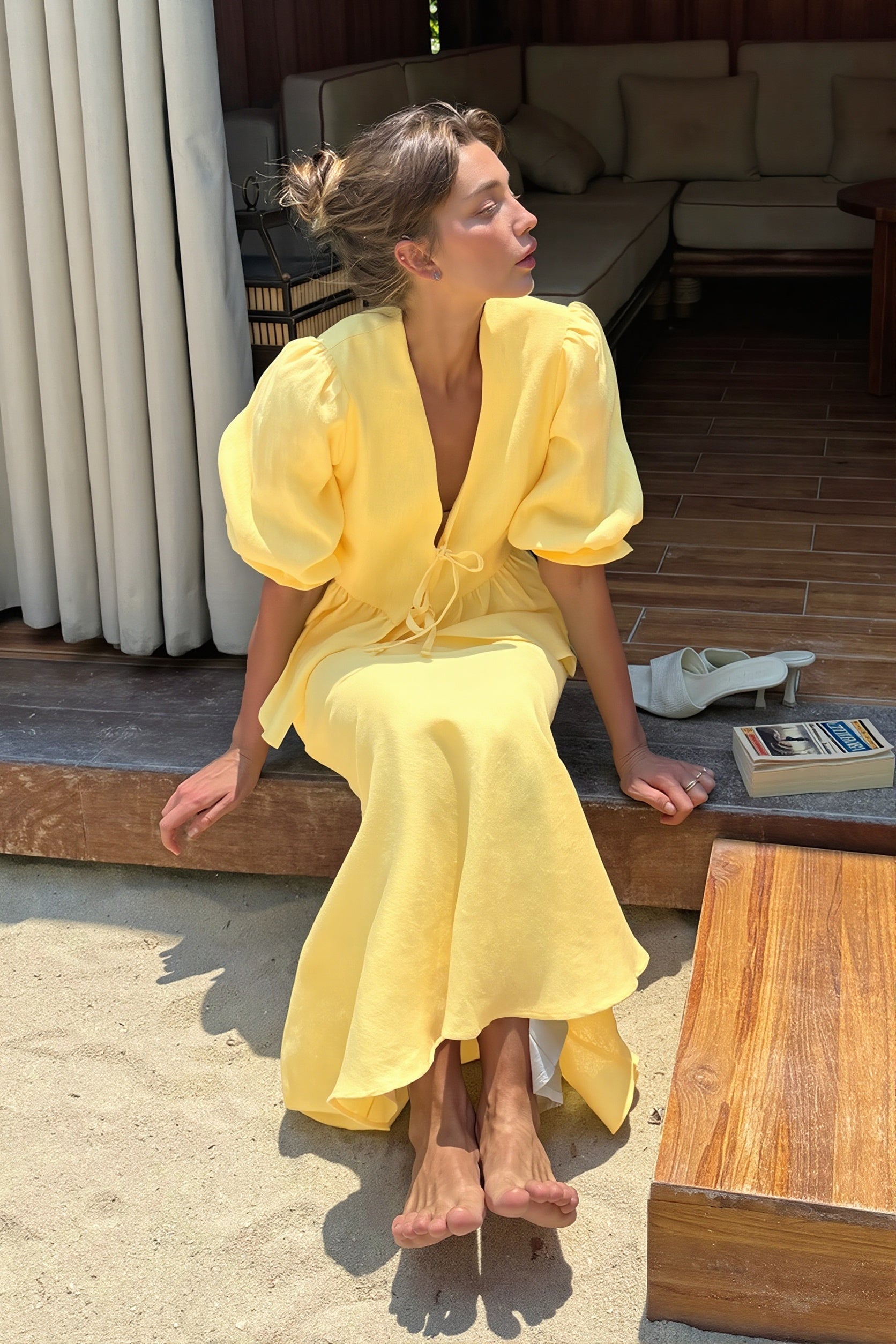 V Neck Short Sleeve Ruffle Hem Skirt Sets