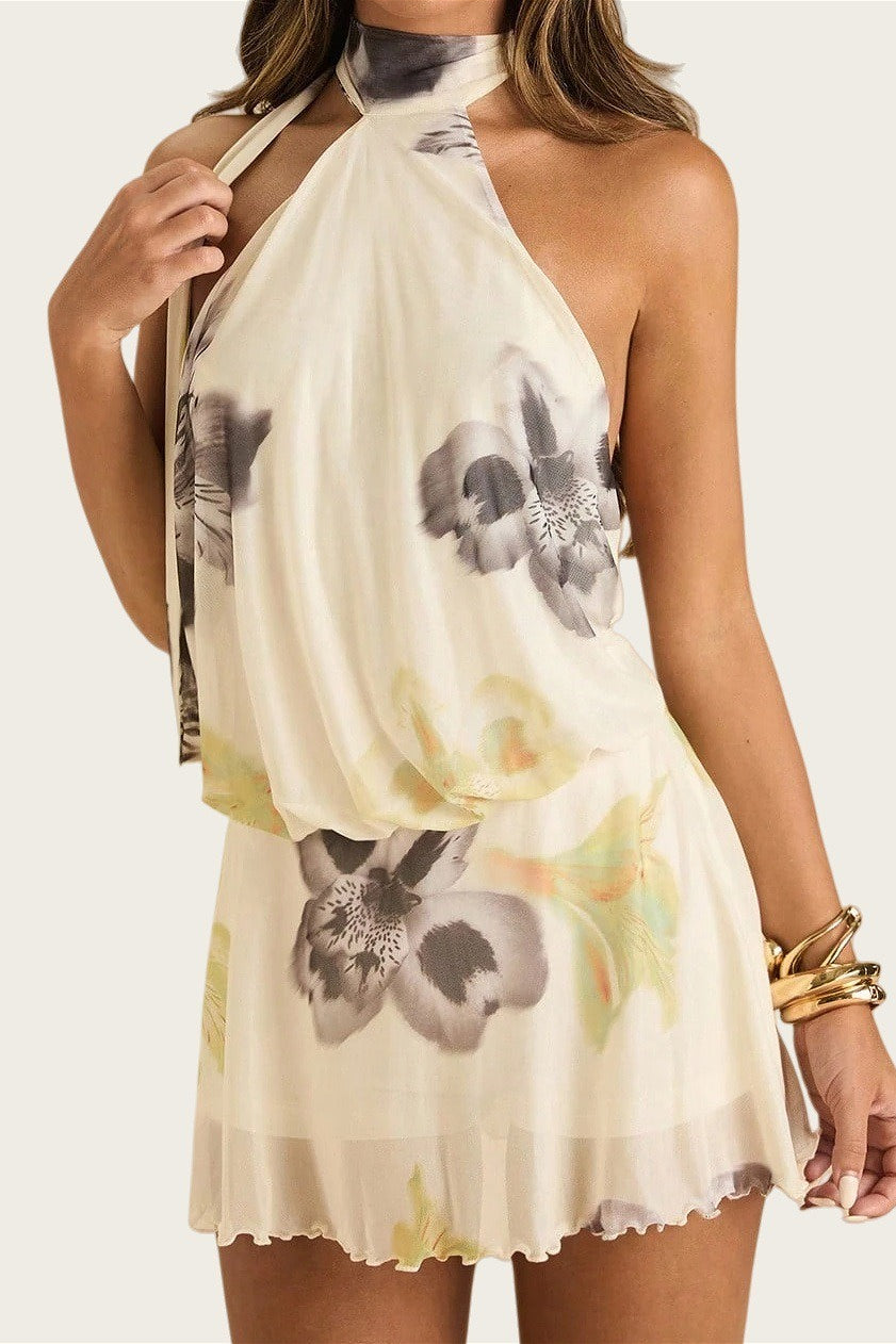 Floral Halter Backless Tie Mini Dress