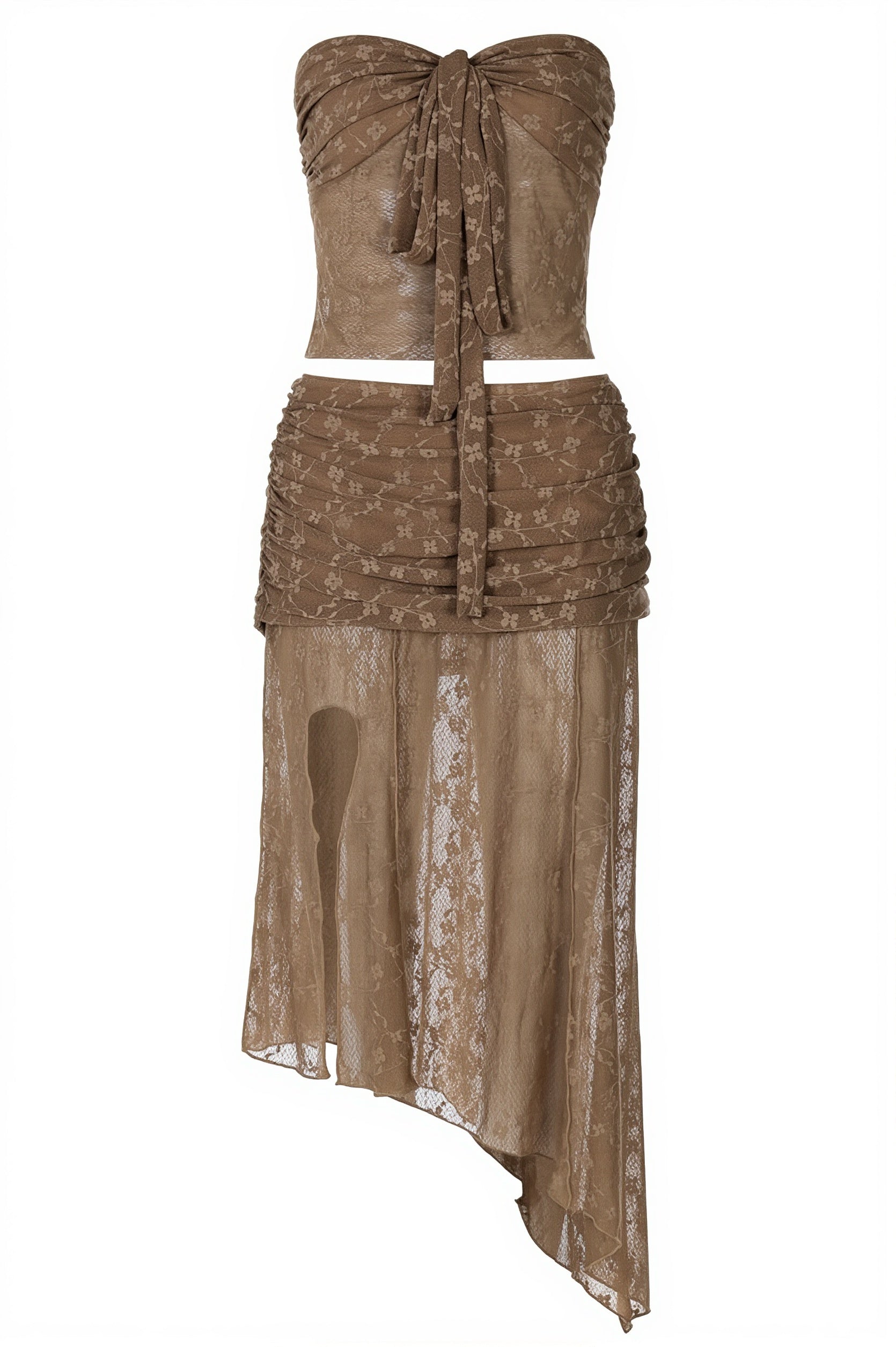 Sheer Lace Up Strapless Ruched Asymmetric Midi Skirt Sets