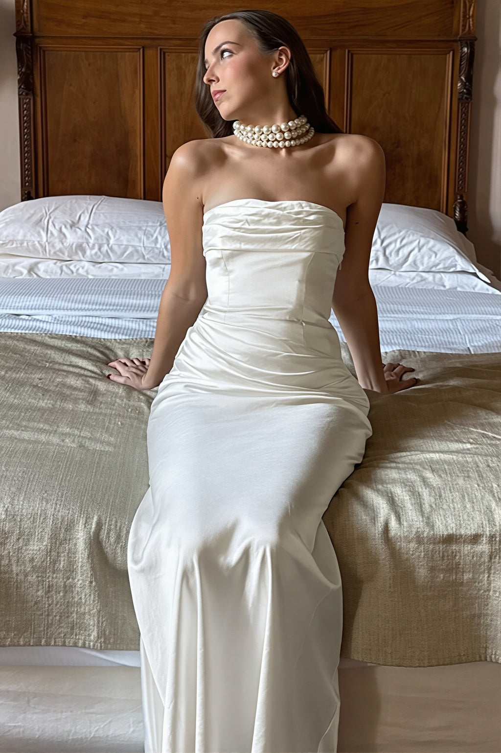 Solid Satin Shirred Strapless Elegant Maxi Dress