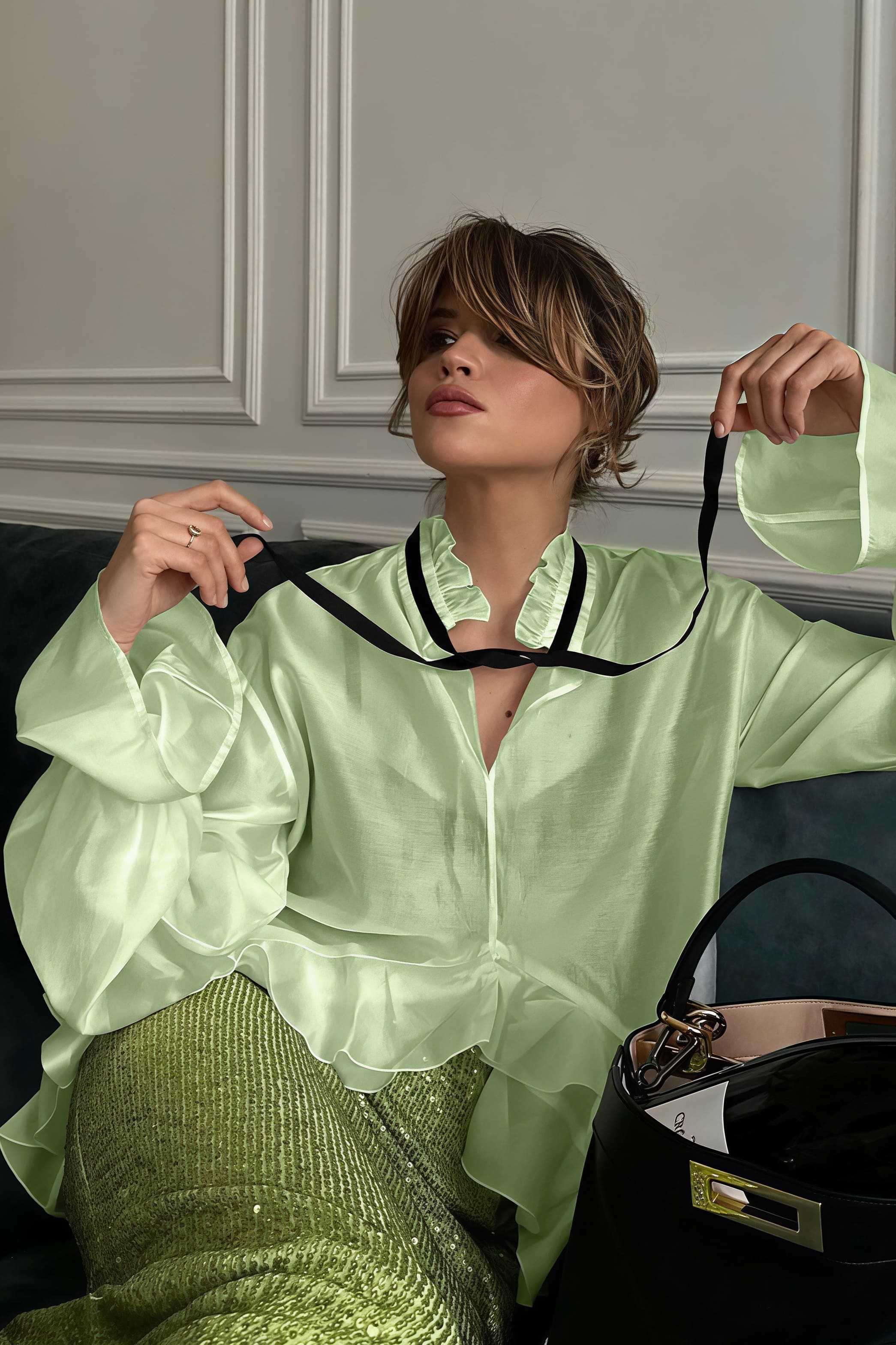 Sheer Flare Sleeve Blouse