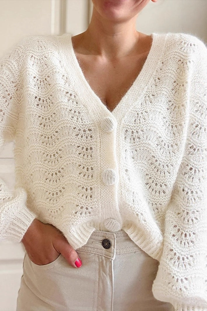 Autumn-Winter Crochet Hollow-Out V-Neck Knit Cardigan