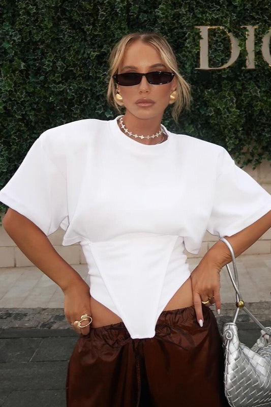 Solid Wide Shoulder Tie Waist Elbow Sleeve T-Shirt
