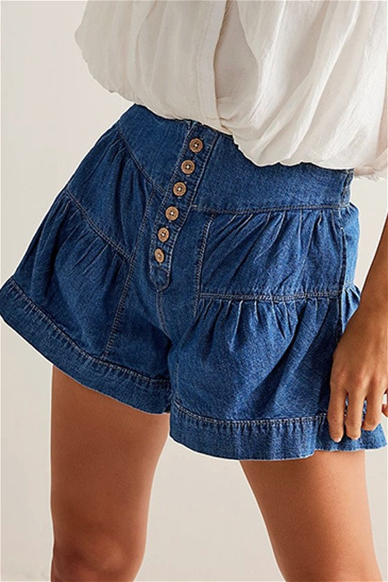 Ruffled Hem A Line Denim Casual Shorts