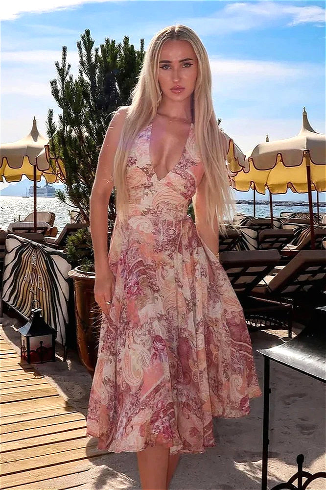 Elegant Floral Print Halter High Waist Dress