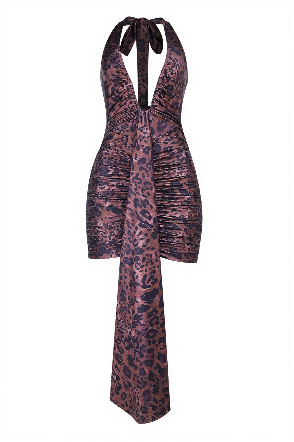 Leopard Deep V Halter Backless Tie Mini Dress