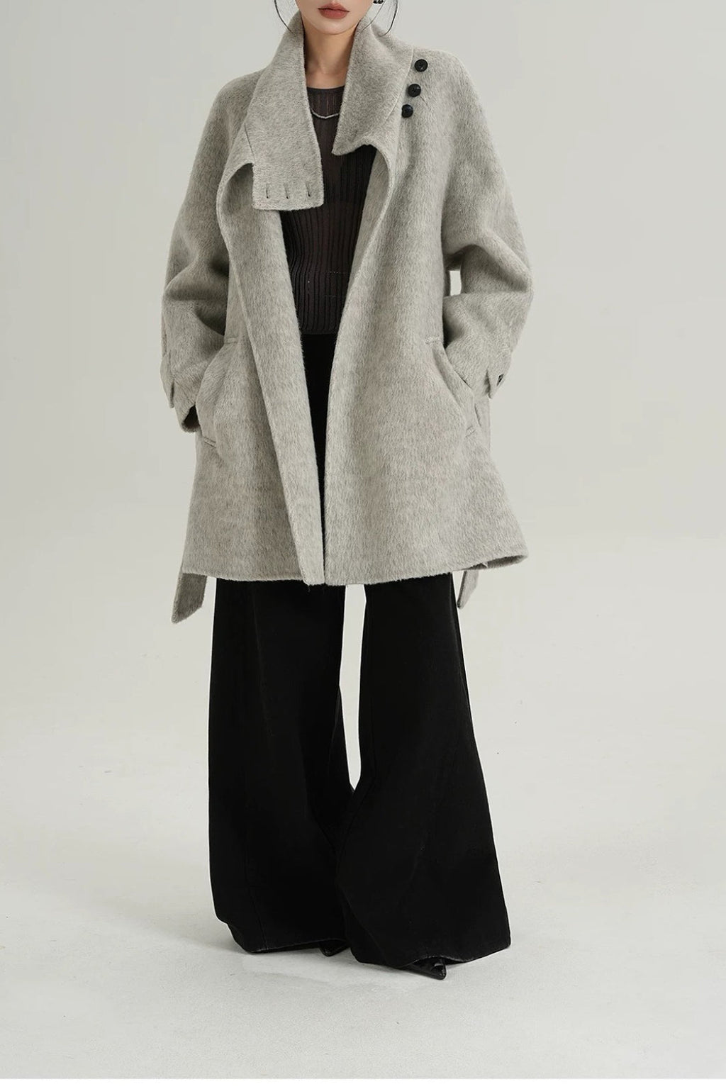 Solid Wool Warm Loose Mock-Neck Coat