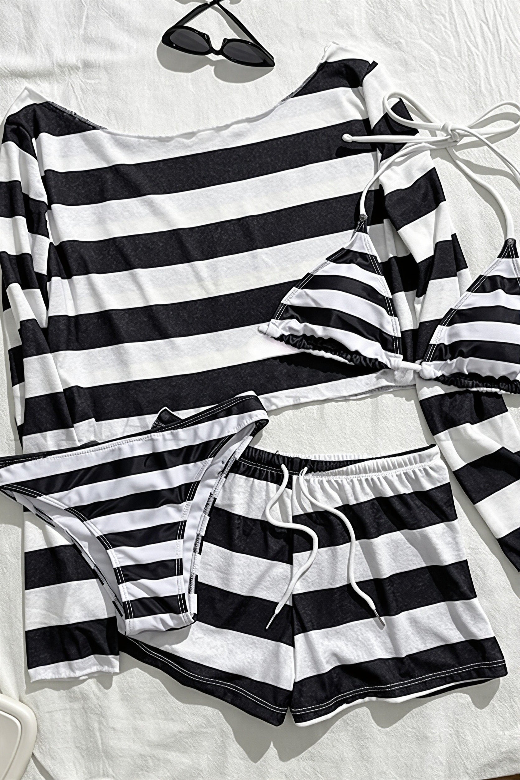 Striped Cover Up Four Piece Bikini Set