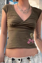 Cross V Neck Floral Embroidered T-Shirt