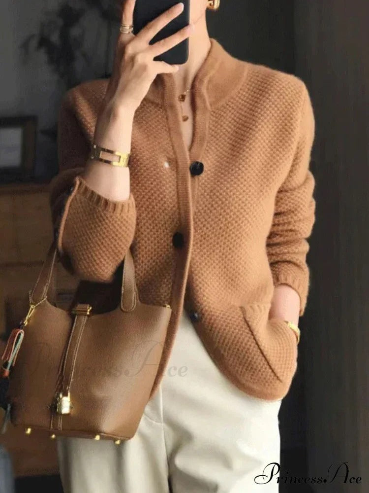 High-End Cashmere Wool Long Sleeve Half Collar Cardigan