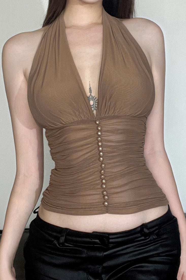 V Neck Halter Mesh Ruched Tank Top