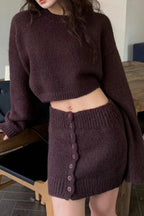 Short Fitted Knit Round Neck Slim Two Piece Set