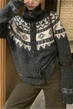 Jacquard Collar Horn Button Retro Loose Knit Cardigan