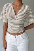 V Neck Striped Bat Sleeve T-Shirt