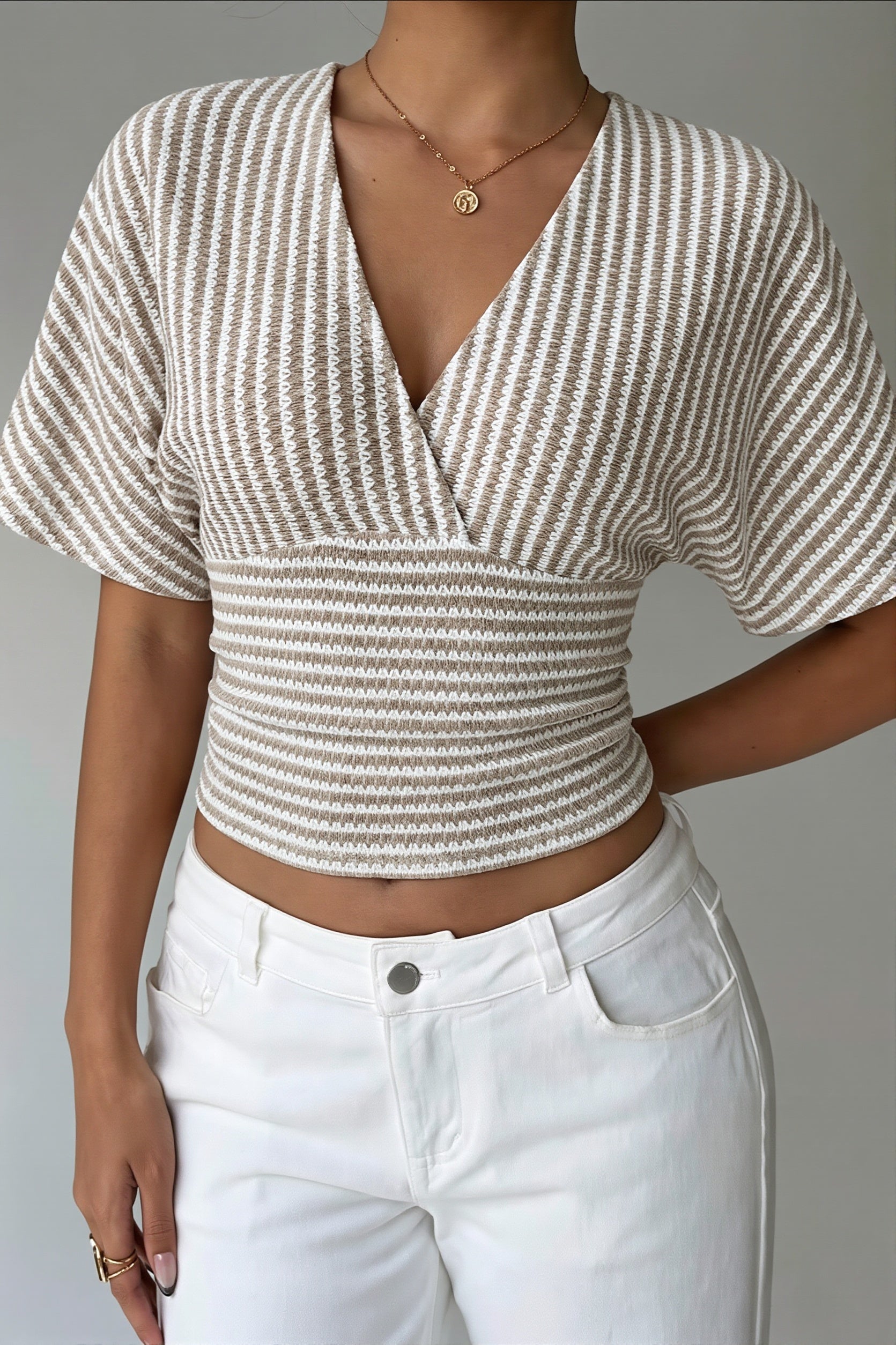 V Neck Striped Bat Sleeve T-Shirt