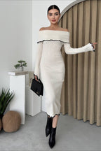 Ribbed Off Shoulder Color Block Knit Sweater Dress