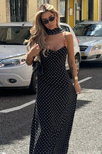 Polka Dot V Neck Cami Backless Maxi Dress