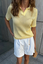 Solid Knit Polo Shirt Cut Out Elegant Multicolor Blouse