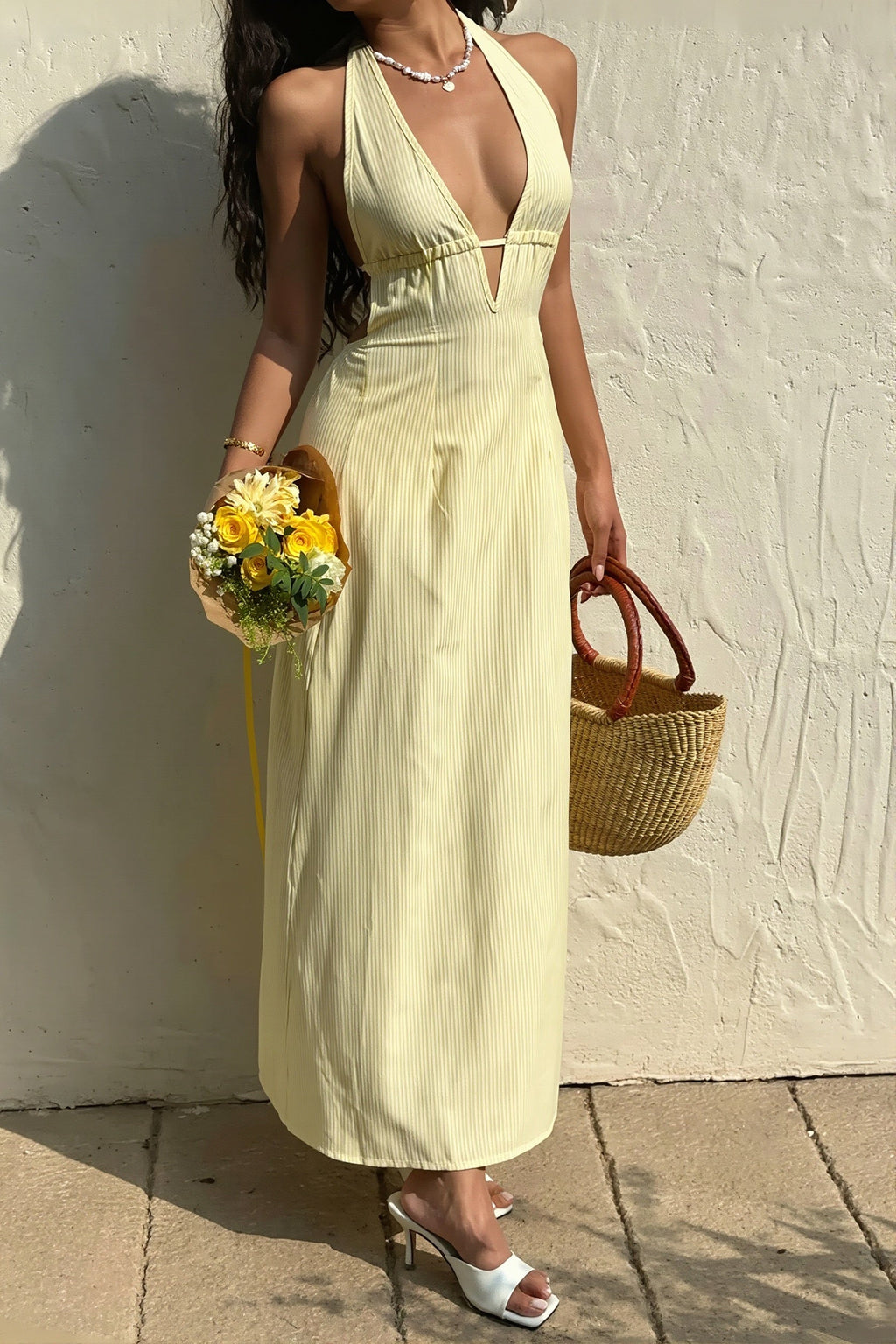 Stripe Halter Backless Lace Up Maxi Dress