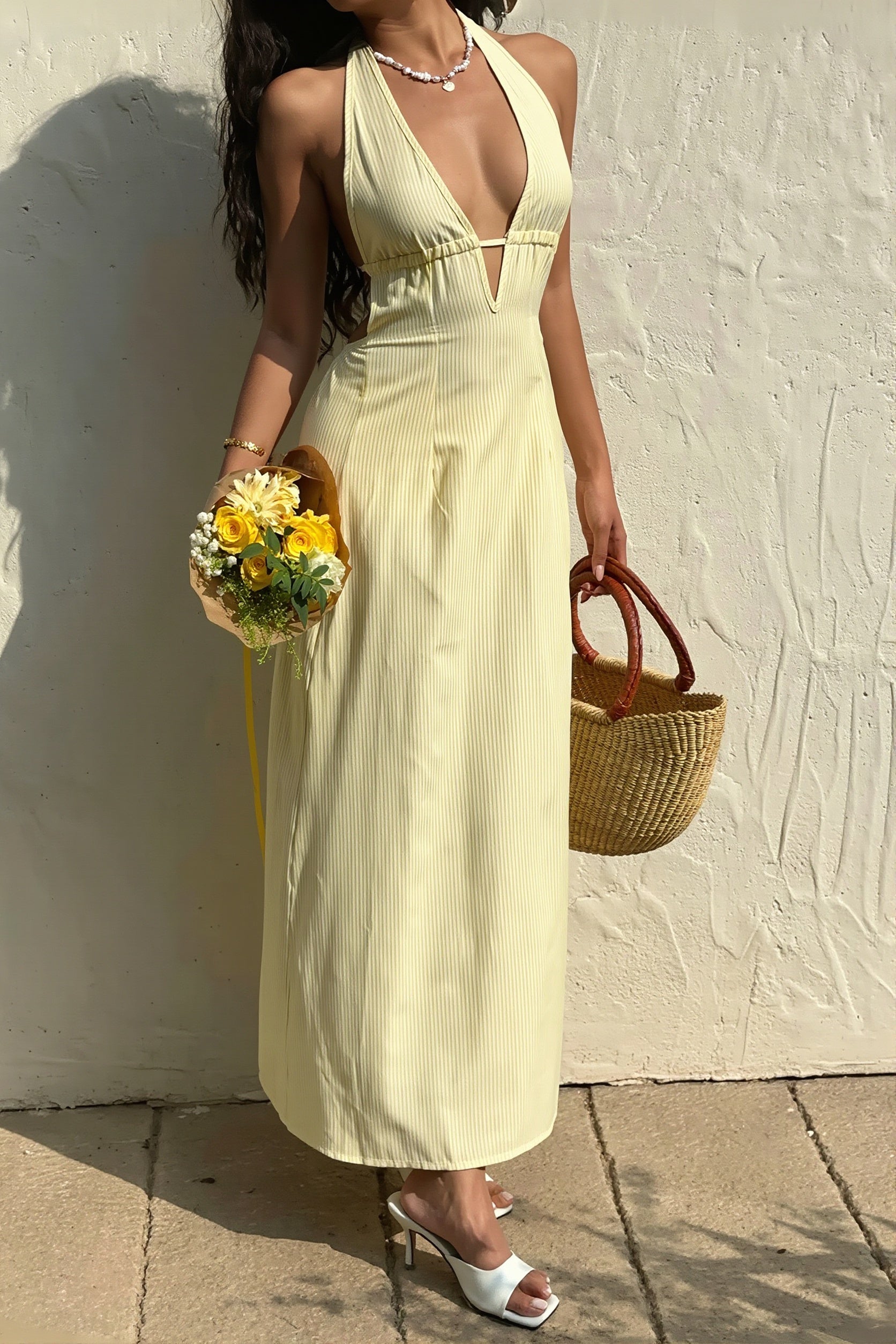 Stripe Halter Backless Lace Up Maxi Dress