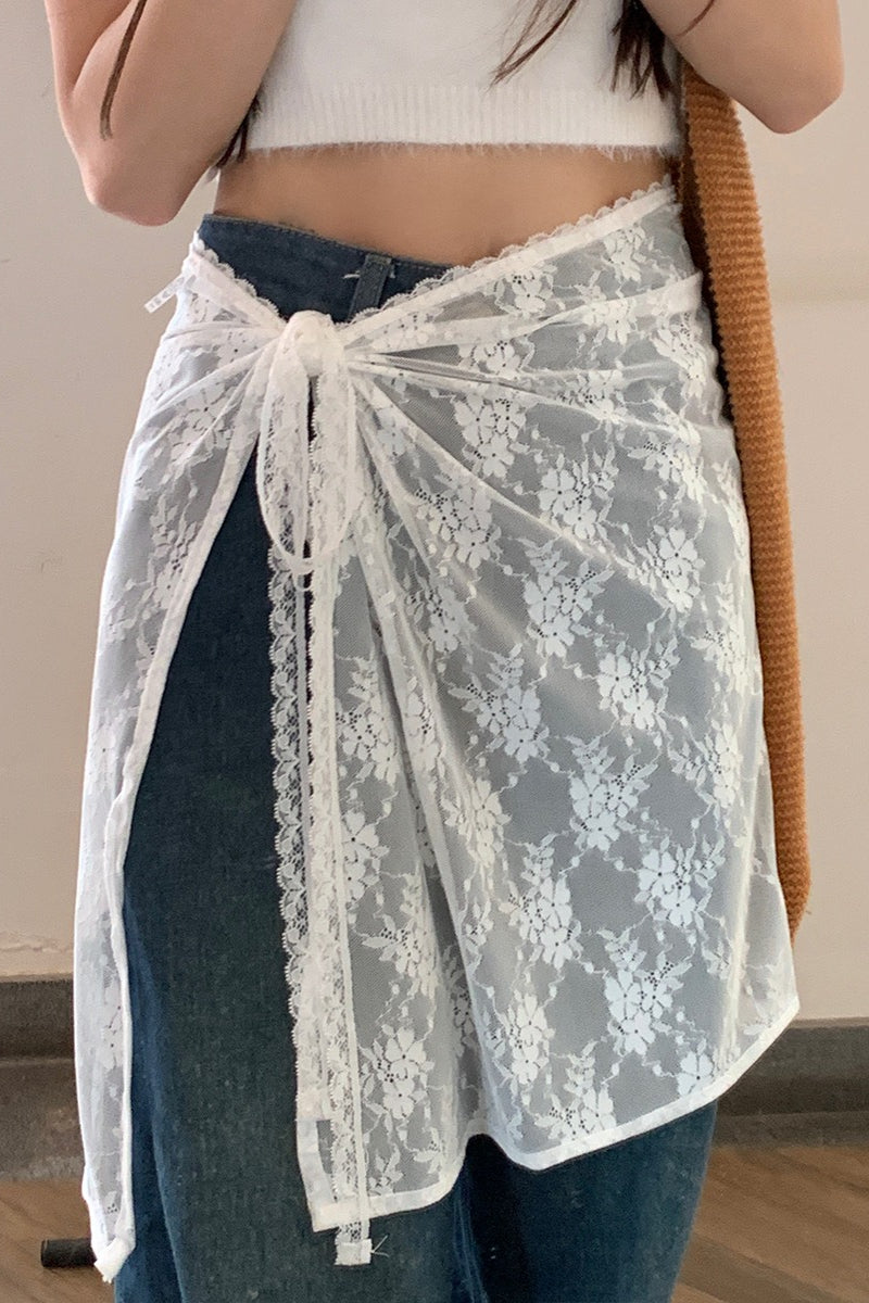 White Lace Apron Skirt With Tie Versatile Half