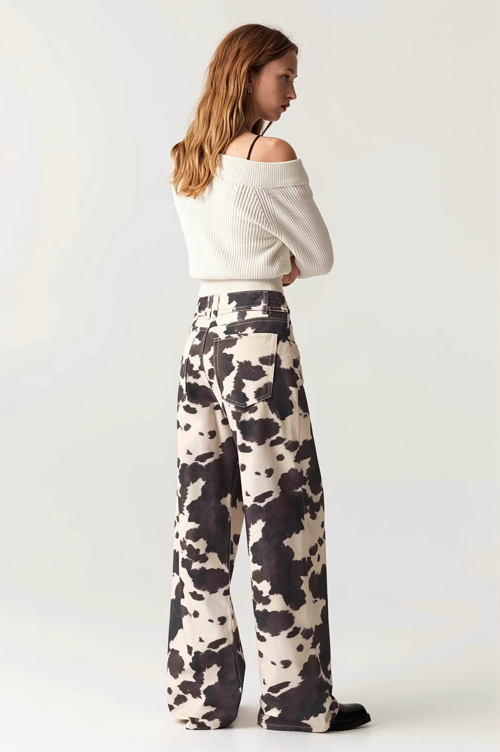 Retro Cow Print Washed Straight Jeans