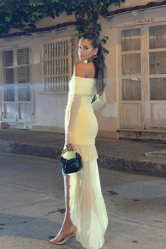 Fall Slim-Fit Pleated Off-Shoulder Party Dress
