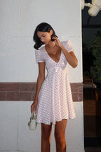 Deep V Puff Sleeve High Waist Polka Dot Mini Dress