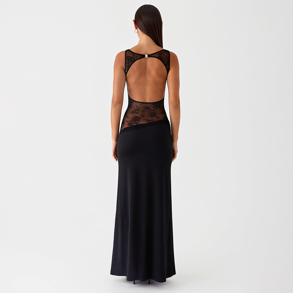 Lace Satin Backless Maxi Dress