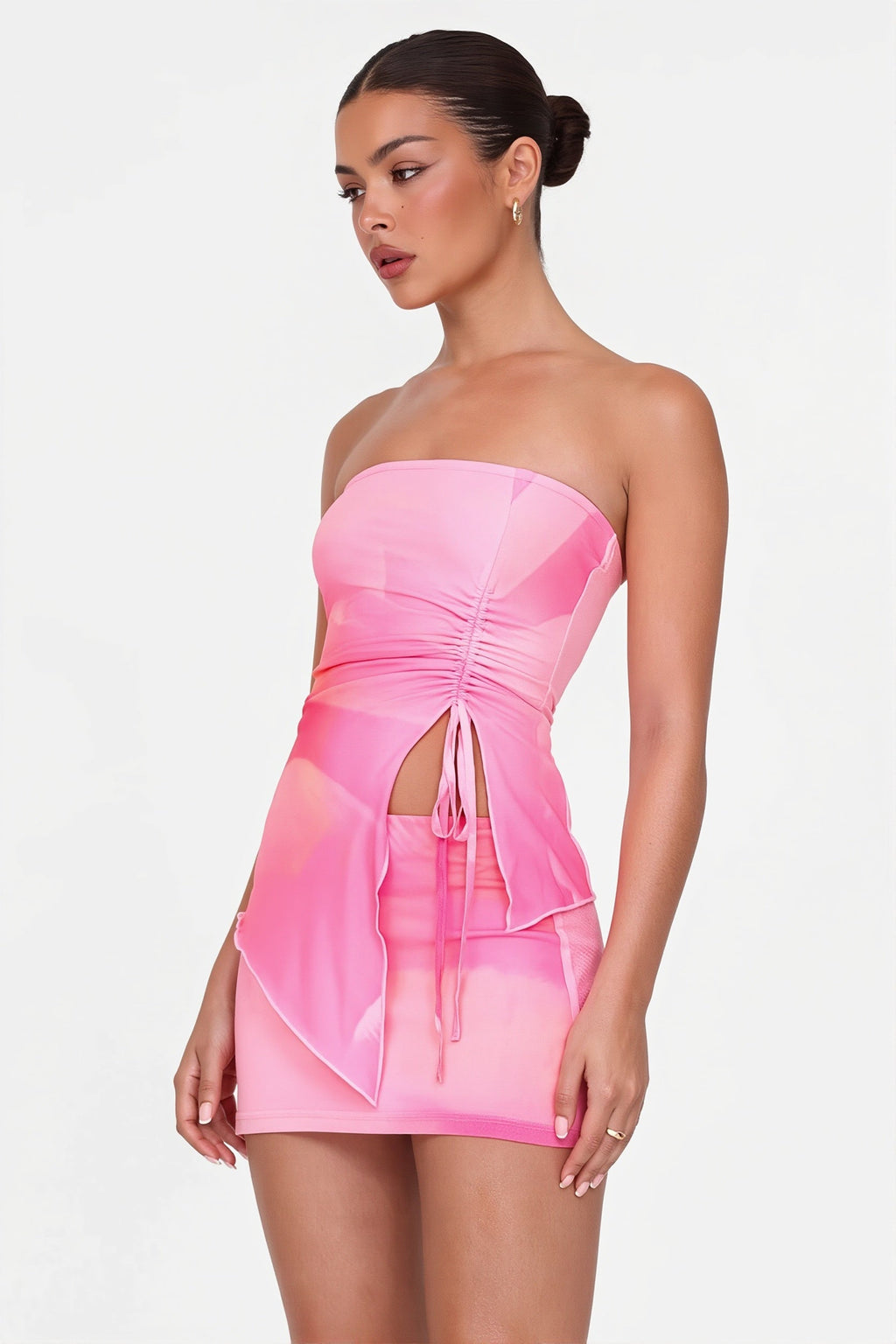 Strapless Backless Shirred Crop Top Skirt Sets