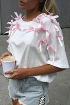 Cute Bowknot Ribbon Loose Short Sleeve T-Shirt