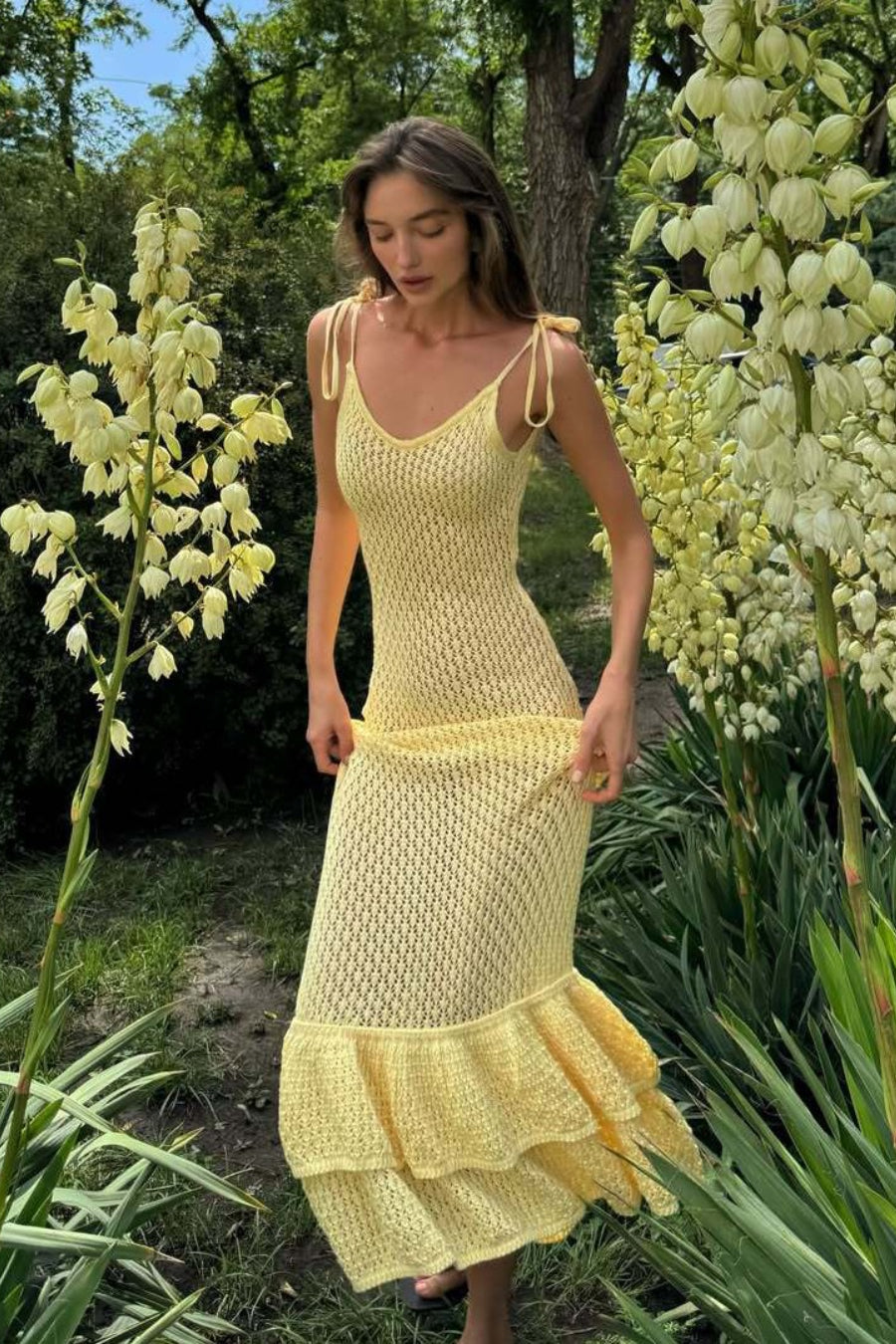 Boho Ruffle Knit Cutout Sheer Cami Maxi Dress