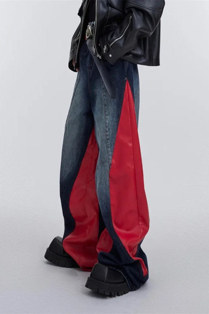 Wide Leg Pu Leather Patchwork Jeans