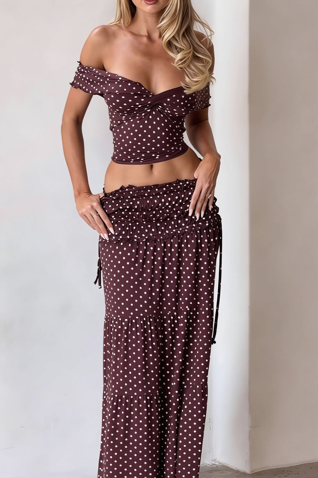 Off Shoulder Crop Top Polka Dot Fish Tail High Rise Skirt Sets