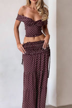 Off Shoulder Crop Top Polka Dot Fish Tail High Rise Skirt Sets